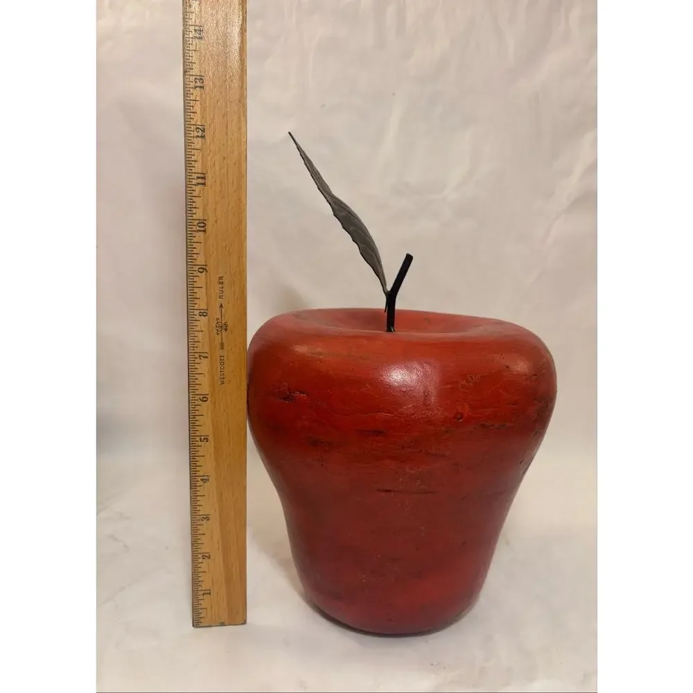 Large Red Wood Apple Hand turned Sculpture w/ Iron Leaf Distressed Finish
